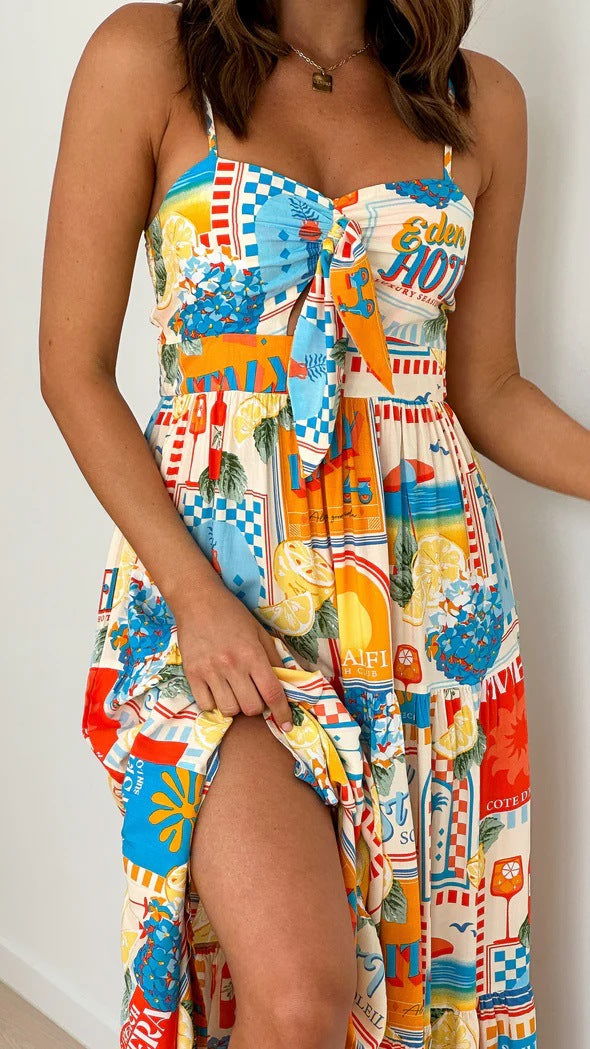 Suspender Printing Dress Loose Vacation Casual Rubber BDress