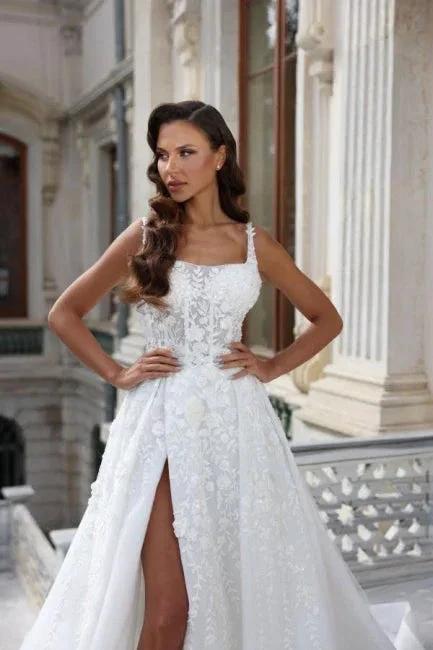 Square Neck High Split A-Line Stain Sleeveless Wedding Dress with Appliques (ZD15717)