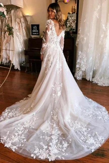 Square Neck Long Sleeves A-Line Lace Wedding Dress (ZD15697)