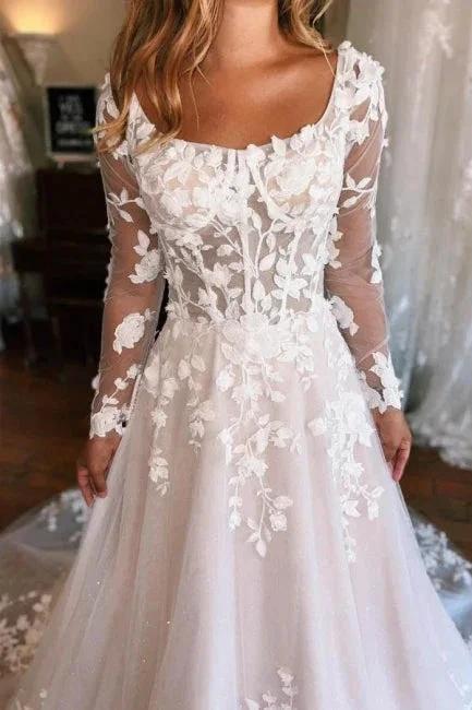 Square Neck Long Sleeves A-Line Lace Wedding Dress (ZD15697) - View 3 | VelvetHem