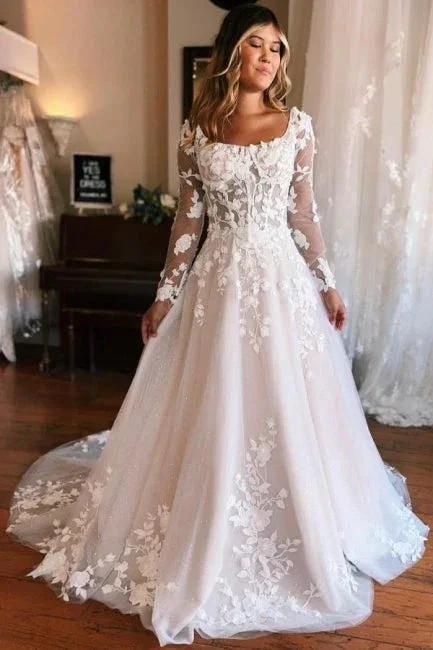 Square Neck Long Sleeves A-Line Lace Wedding Dress (ZD15697)