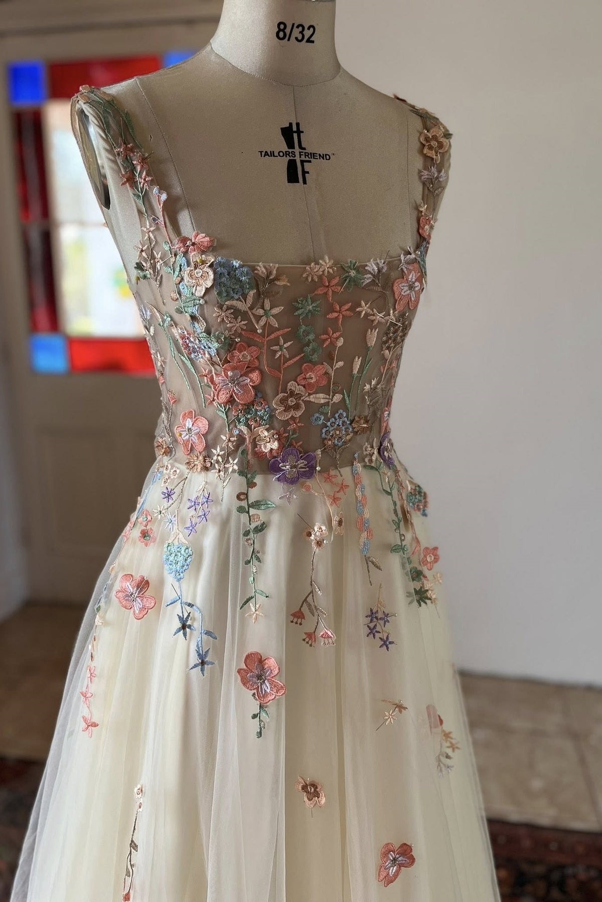 Square Neck Prom Dress A Line Champagne Tulle Sleeveless Formal Dress