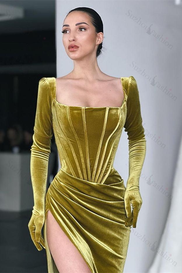 Square Neck Velvet Prom Dress Long Sleeve Evening Formal Dress With Split