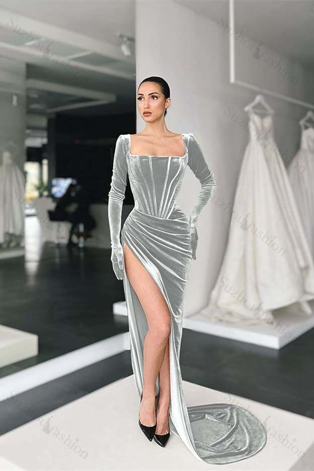 Square Neck Velvet Prom Dress Long Sleeve Evening Formal Dress With Split