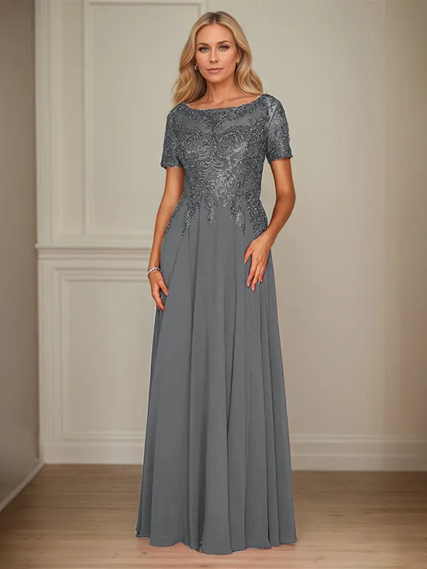 A-Line Chiffon Boat Neck Short Sleeves Floor-Length Mother of the Bride Dresses