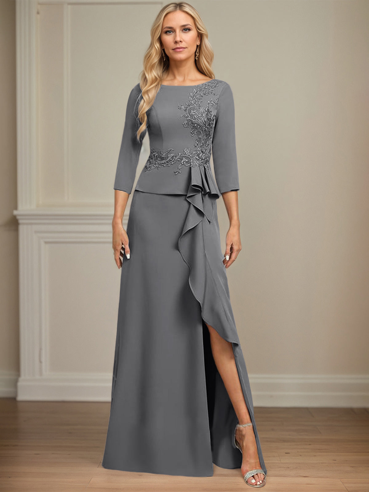 Sheath/Column Scoop Floor-Length Stretch Crepe Dress With Cascading Ruffles Appliques