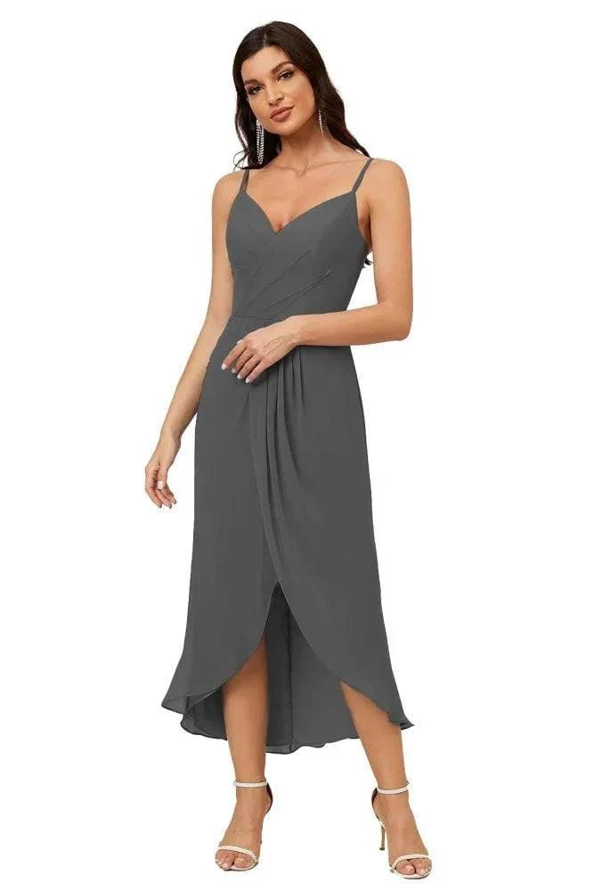 Numbersea Spaghetti Chiffon V Neck Bridesmaid Dress Mid-Length Slit Formal Prom Dress Homecoming Dress 2803 by numbersea