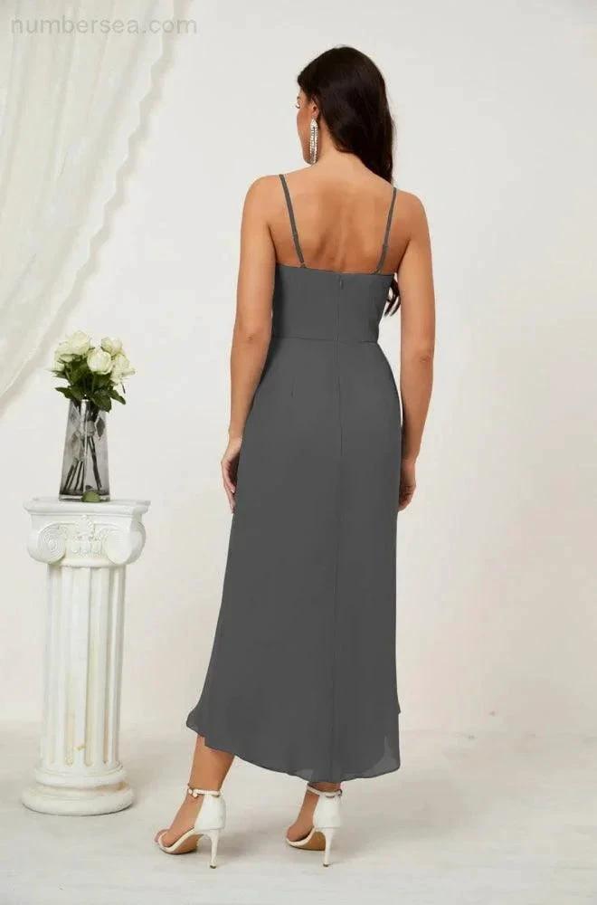 ZapDress Spaghetti Chiffon V Neck Bridesmaid Dress Mid-Length Slit Formal Prom Dress Homecoming Dress 2803 (ZD16952)