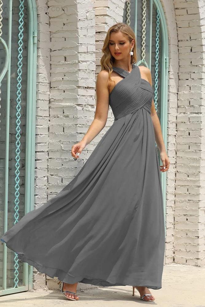ZapDress Women Halter Chiffon Bridesmaid Dress A-line Long Formal Prom Gown (ZD17050)