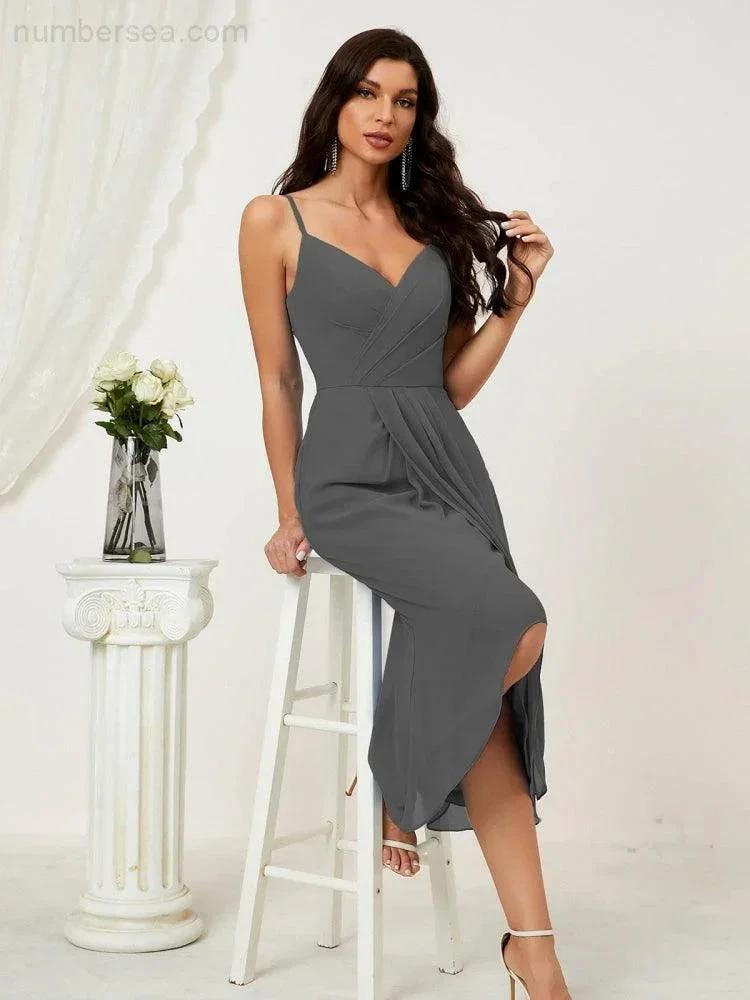 ZapDress Spaghetti Chiffon V Neck Bridesmaid Dress Mid-Length Slit Formal Prom Dress Homecoming Dress 2803 (ZD16952)