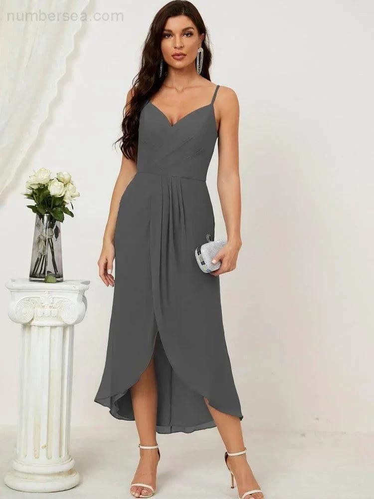 ZapDress Spaghetti Chiffon V Neck Bridesmaid Dress Mid-Length Slit Formal Prom Dress Homecoming Dress 2803 (ZD16952)