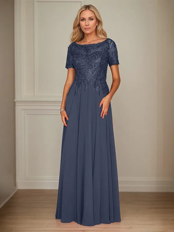 A-Line Chiffon Boat Neck Short Sleeves Floor-Length Mother of the Bride Dresses