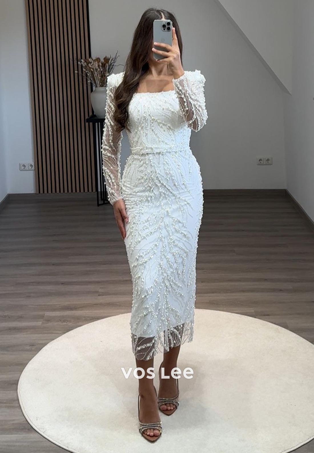 Tea-Length Square Beading Long Sleeve Formal Dresses