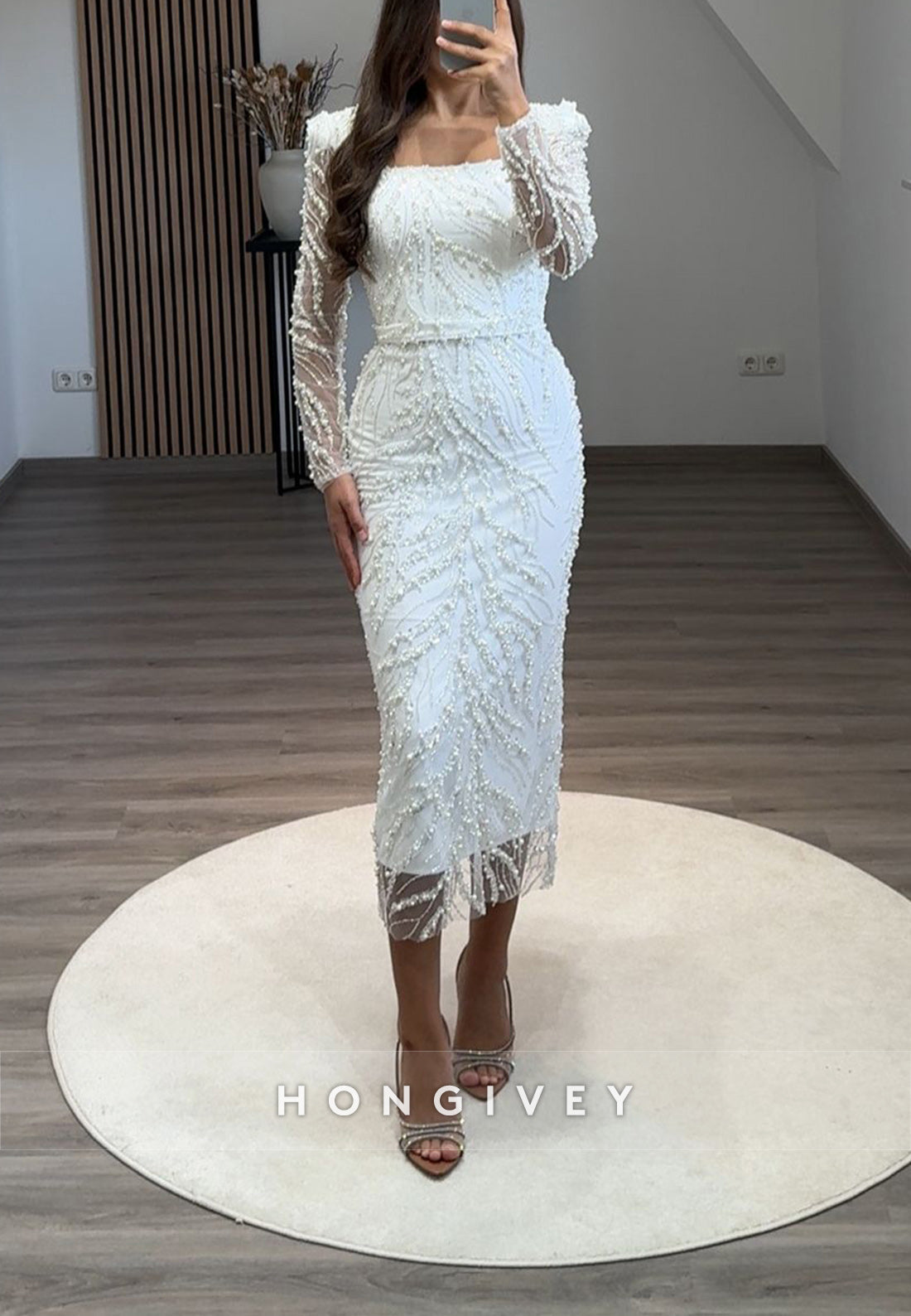 Tea-Length Square Beading Long Sleeve Formal Dresses