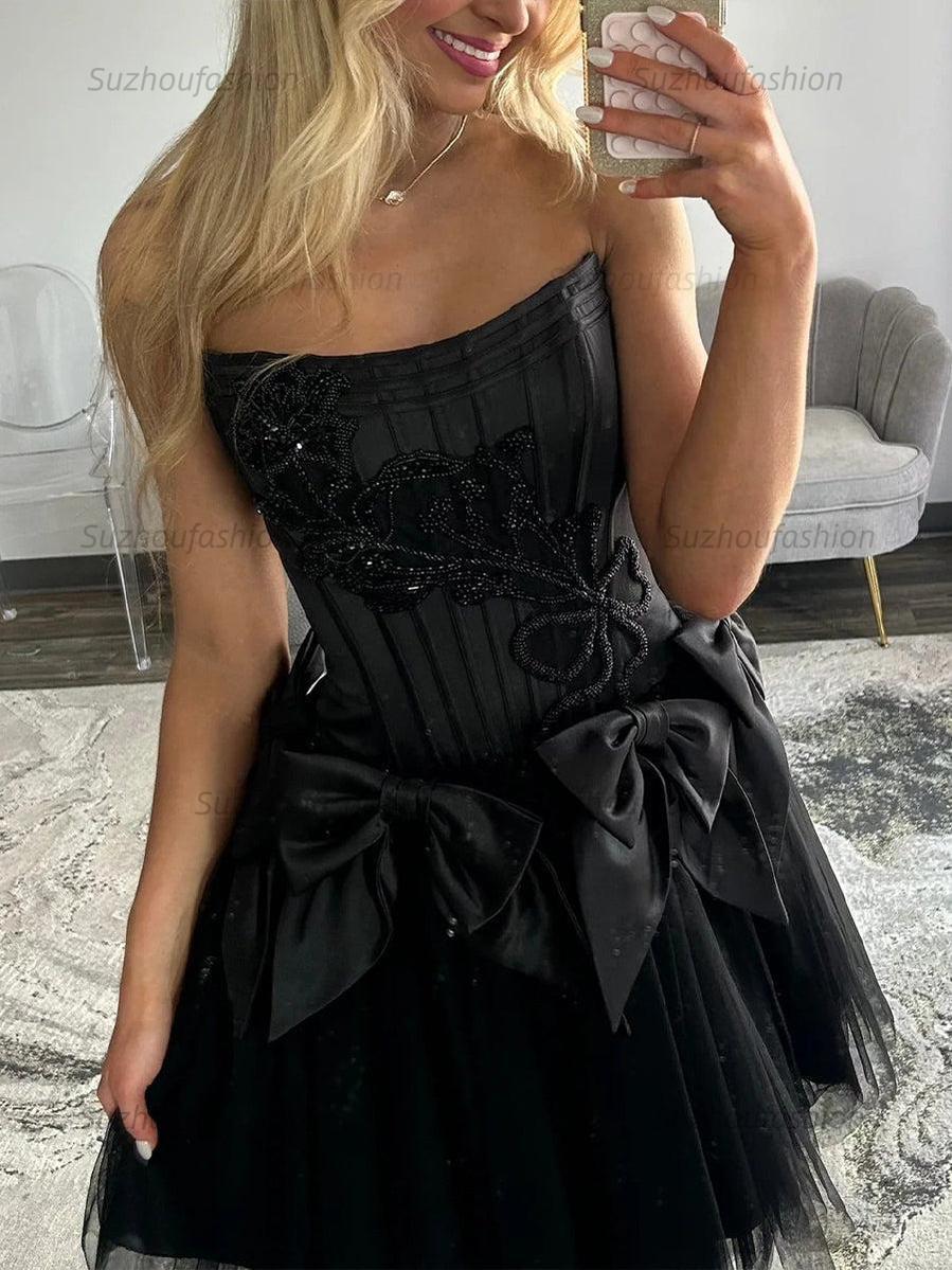 Suzhoufashion Strapless Beading Short Homecoming Dress with Waist Bow