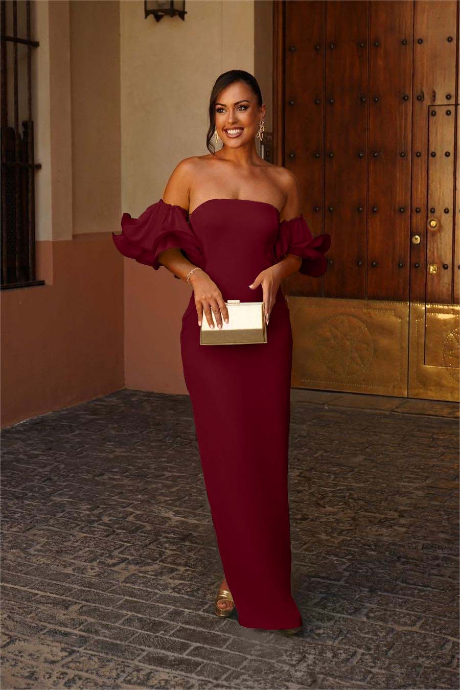 Strapless Bubble Sleeves Mermaid Long Evening Formal Dress With Pleated