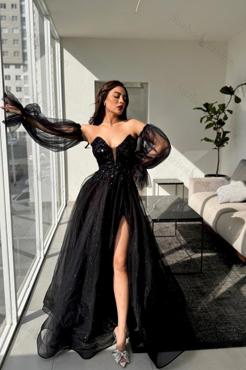 Strapless Deep V Neck Long Split Evening Formal Dress With Appliques Detachable Sleeves