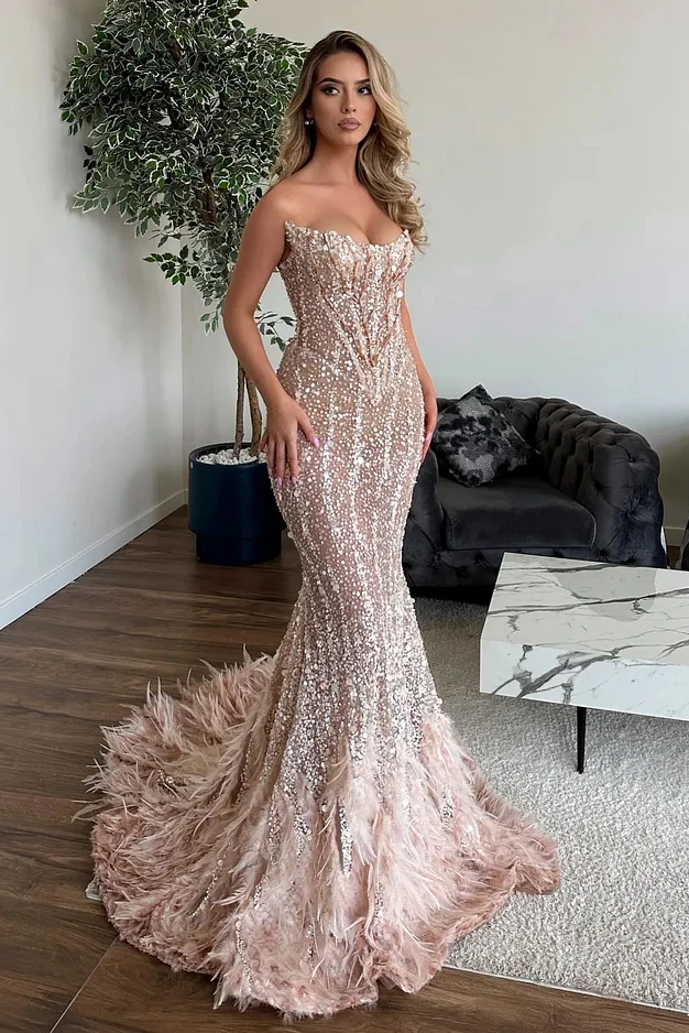 Strapless Mermaid Feathers Beads Floor length Prom Dresses