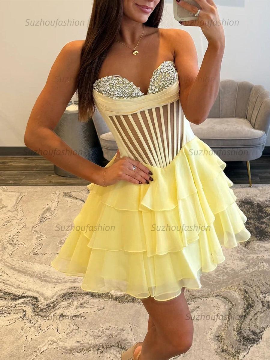Suzhoufashion Strapless Sheer Bodice Tiered Short Homecoming Dress with Crystal