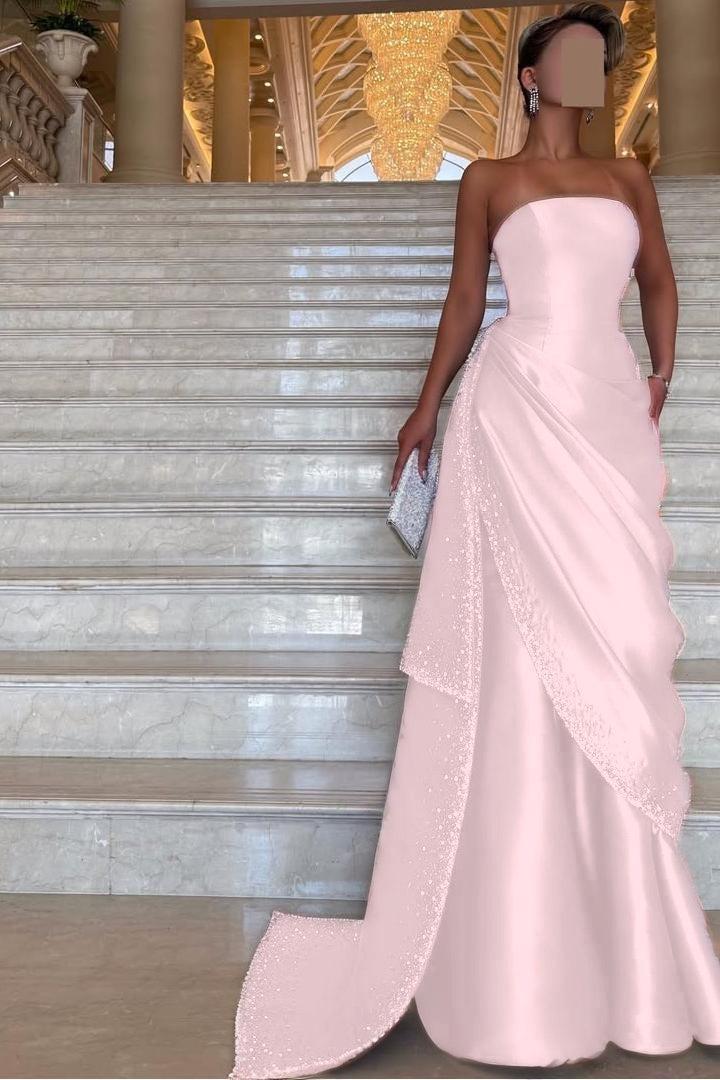 Strapless Sleeveless Long Evening Formal Dress With Pleated Beading