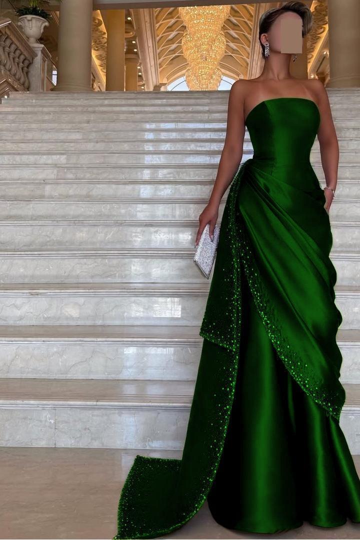 Strapless Sleeveless Long Evening Formal Dress With Pleated Beading