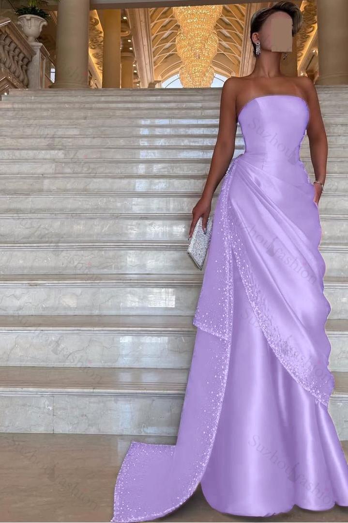 Strapless Sleeveless Long Evening Formal Dress With Pleated Beading
