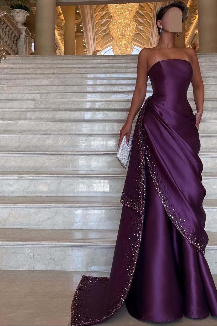 Strapless Sleeveless Long Evening Formal Dress With Pleated Beading