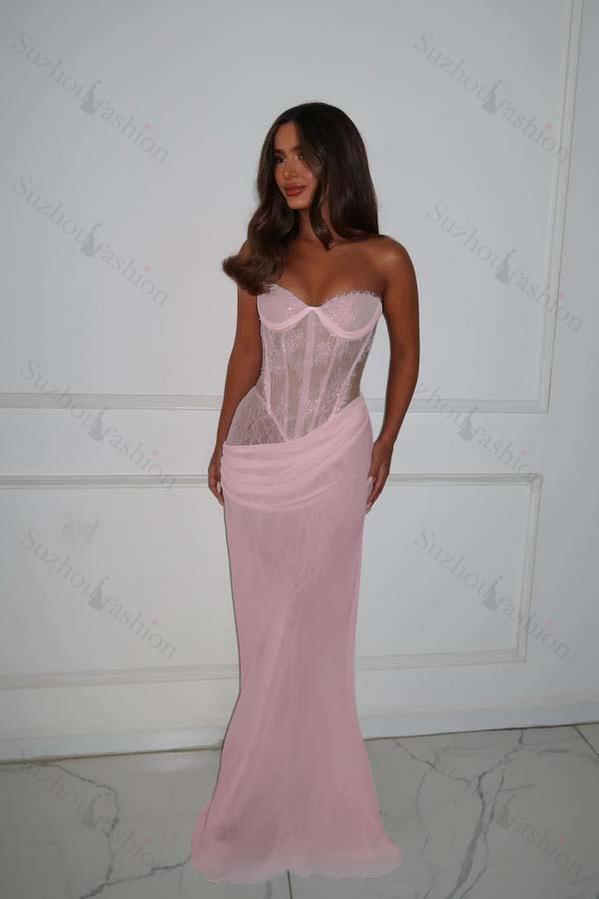 Strapless Sleeveless Long Mermaid Evening Formal Dress With Lace Pleated