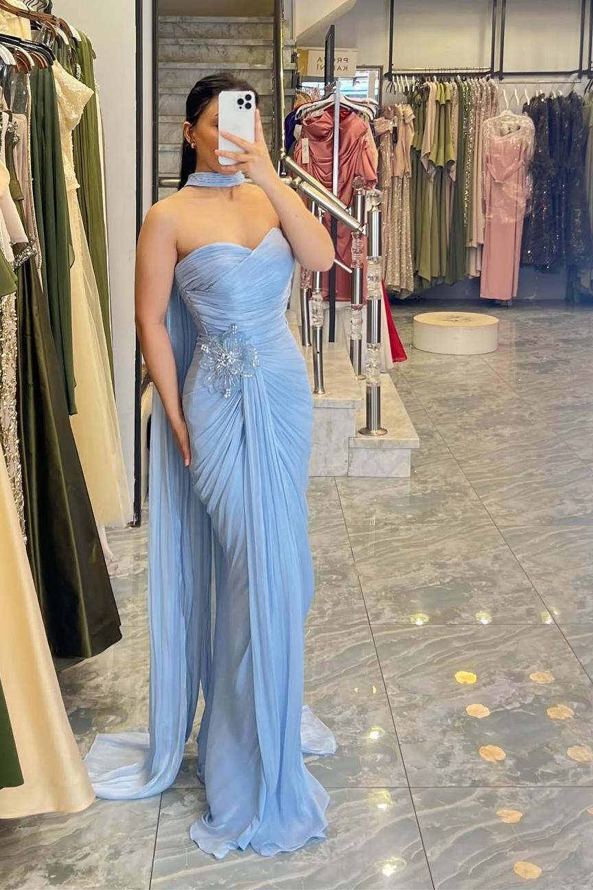 Strapless Sleeveless Long Mermaid Evening Formal Dress With Pleated Appliques