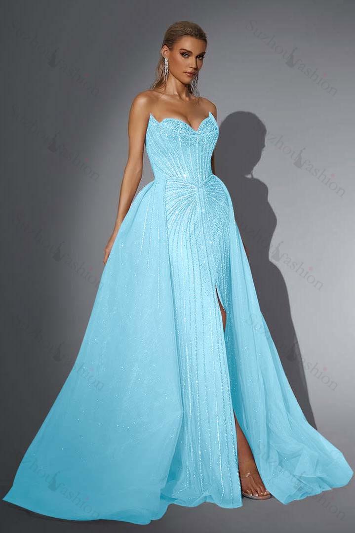 Strapless Sleeveless Long Mermaid Evening Formal Dress With Split Sequined