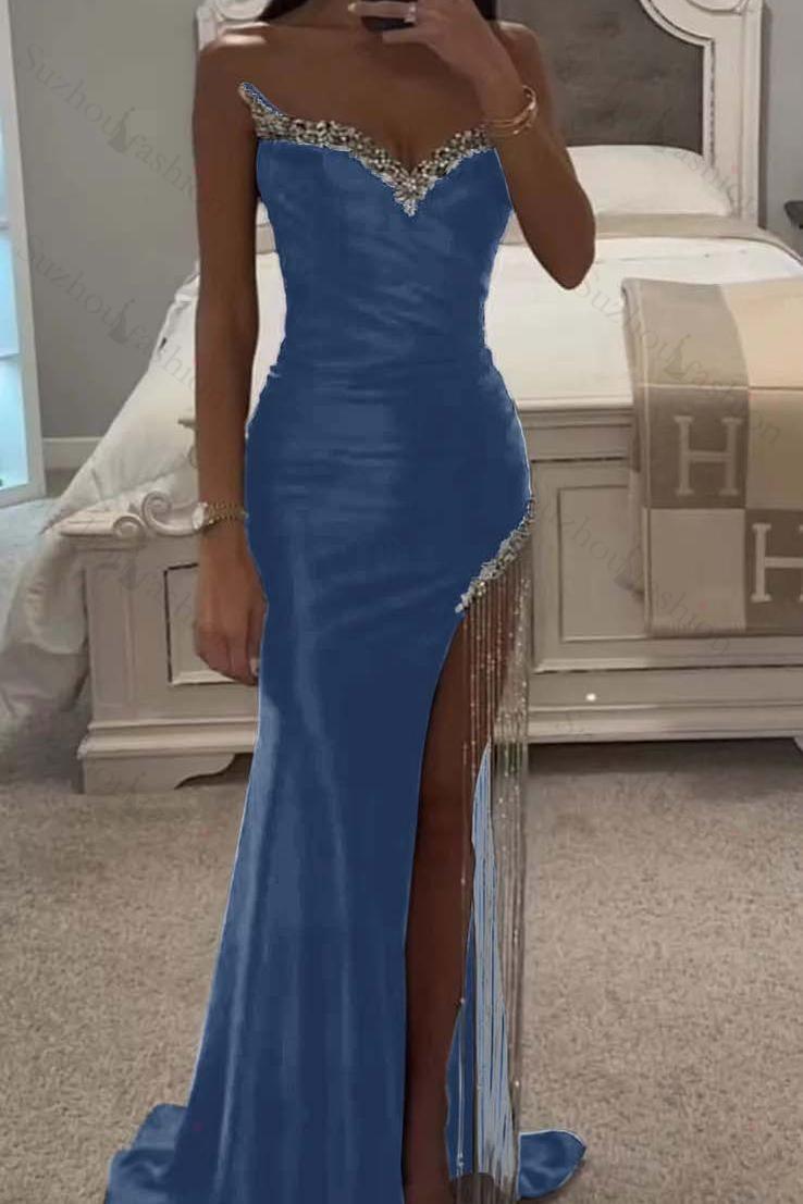 Strapless Sleeveless Long Mermaid Evening Formal Dress With Split Tassel Beading
