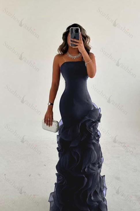 Strapless Sleeveless Long Mermaid Evening Formal Dress With Tulle Ruffled