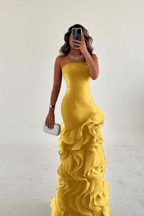 Strapless Sleeveless Long Mermaid Evening Formal Dress With Tulle Ruffled
