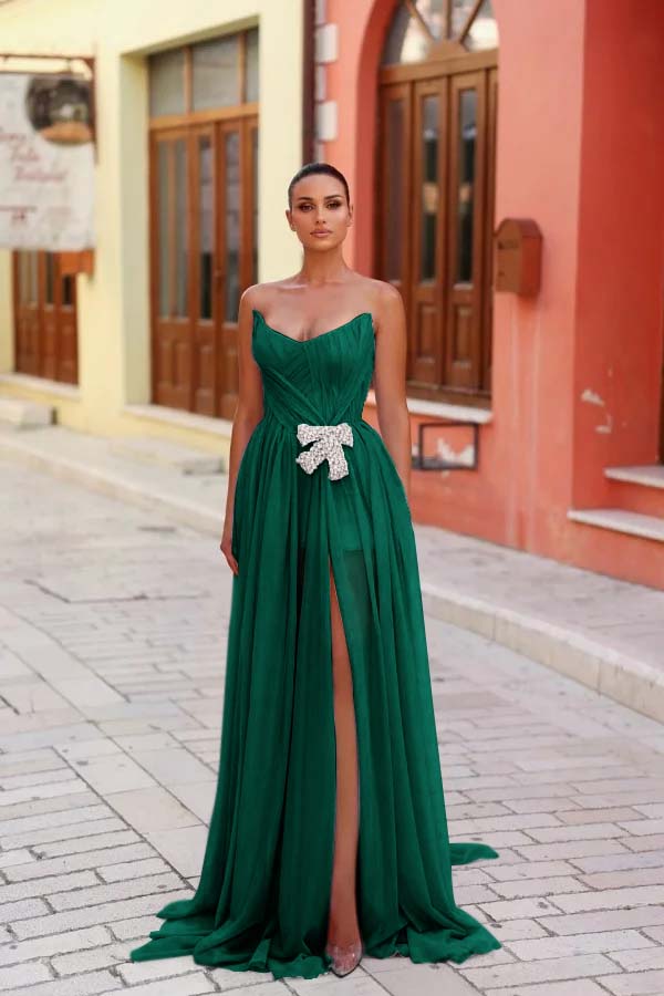 Strapless Sleeveless Long Split Evening Formal Dress With Pleated Beading