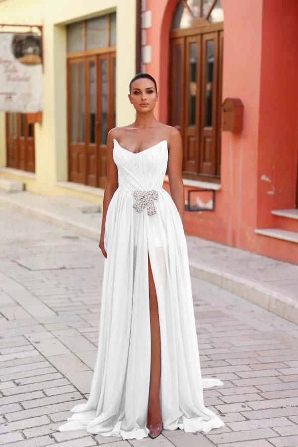 Strapless Sleeveless Long Split Evening Formal Dress With Pleated Beading
