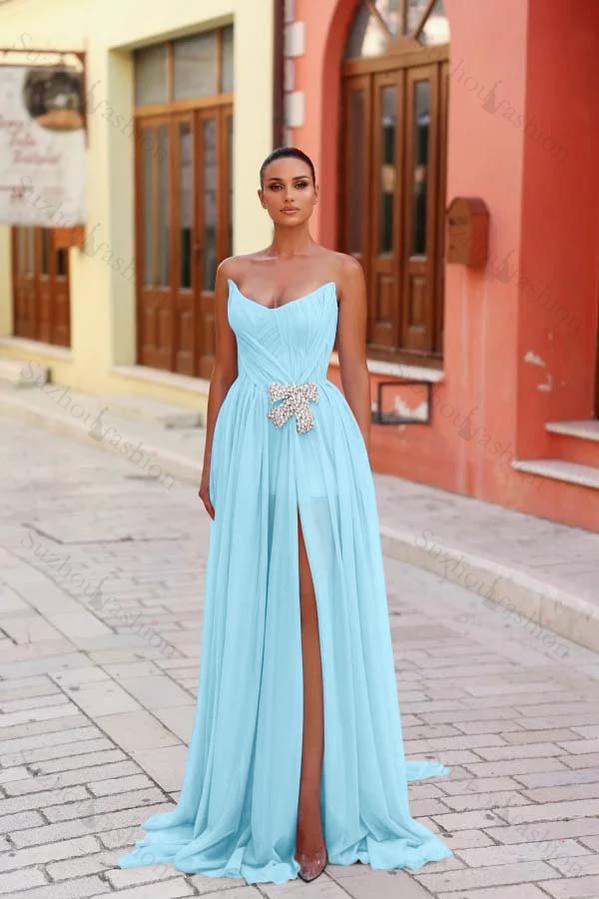 Strapless Sleeveless Long Split Evening Formal Dress With Pleated Beading