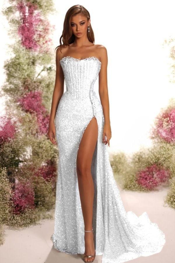 Strapless Sleeveless Long Split Evening Formal Dress With Pleated Sequined