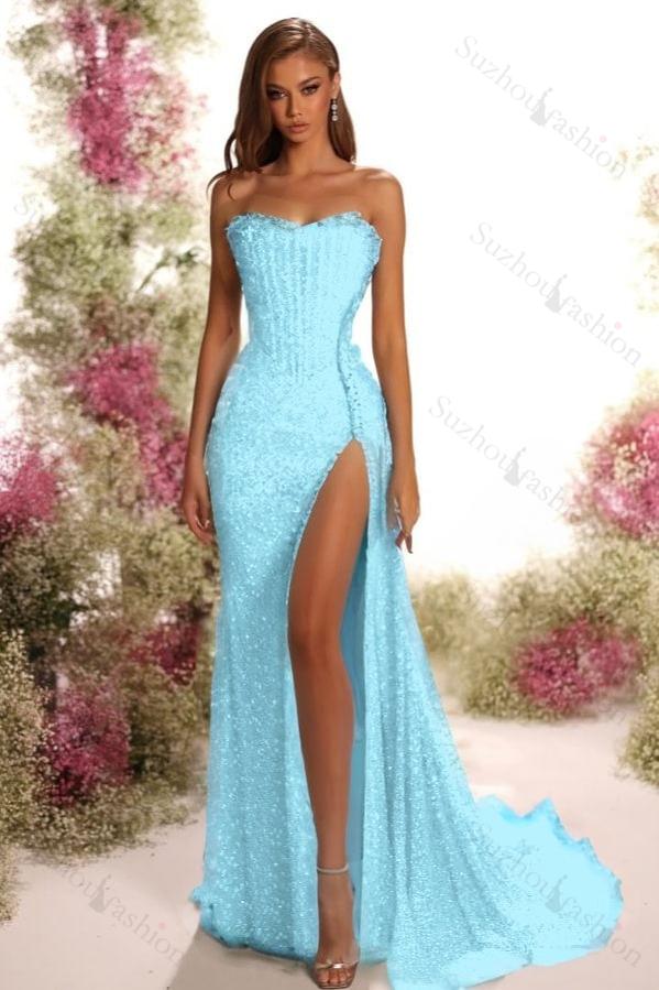 Strapless Sleeveless Long Split Evening Formal Dress With Pleated Sequined