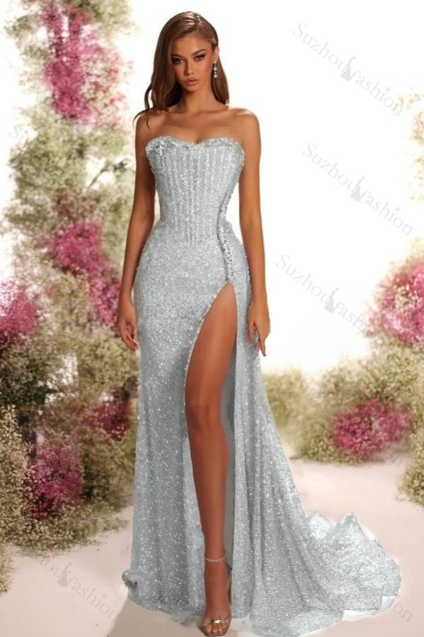 Strapless Sleeveless Long Split Evening Formal Dress With Pleated Sequined