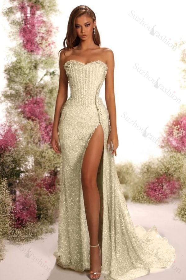 Strapless Sleeveless Long Split Evening Formal Dress With Pleated Sequined