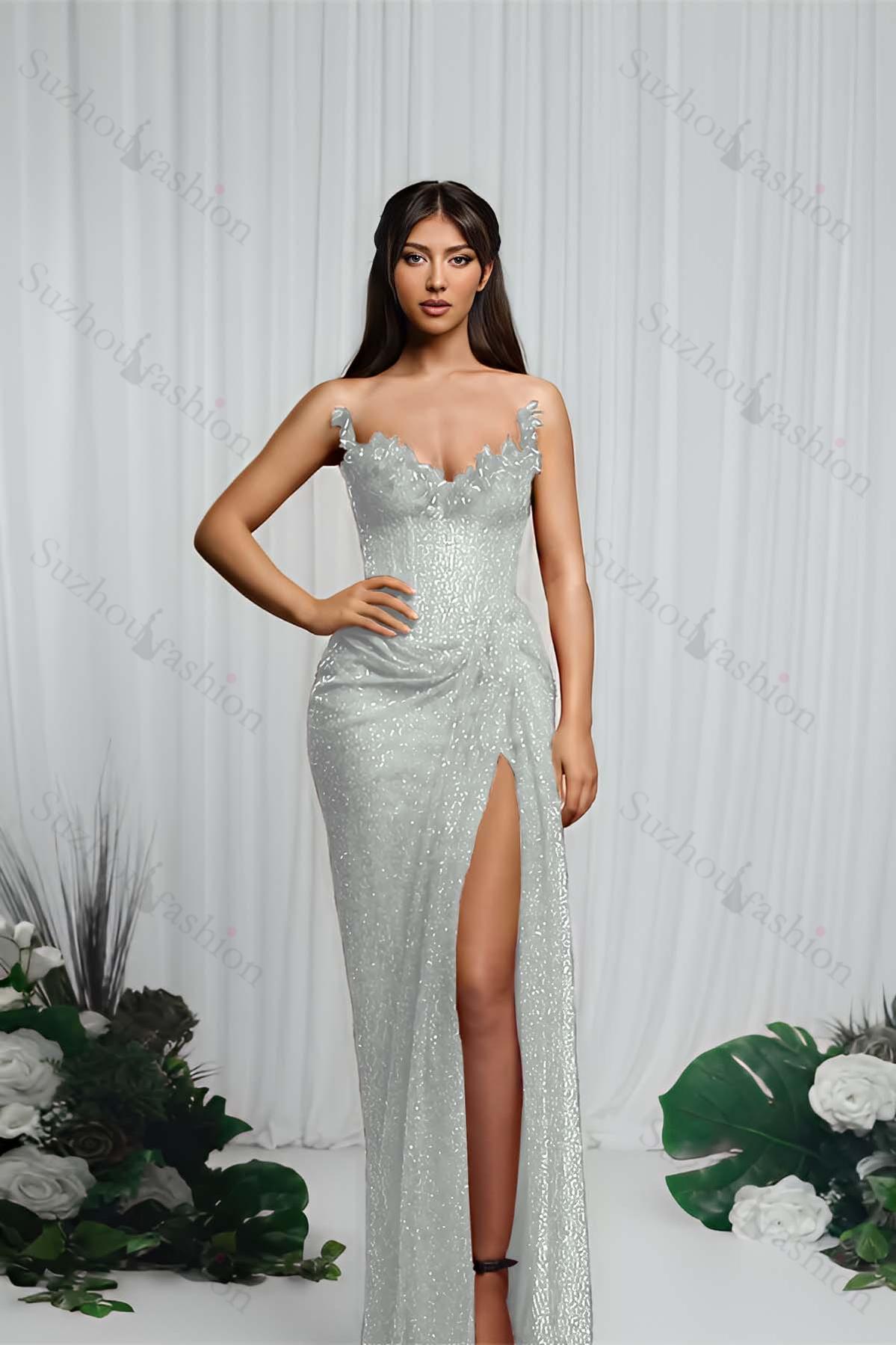 Strapless Sleeveless Mermaid Evening Formal Dress With High Split Pleated