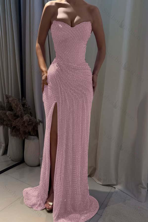 Strapless Sleeveless Mermaid Long Evening Formal Dress With Split Pleated