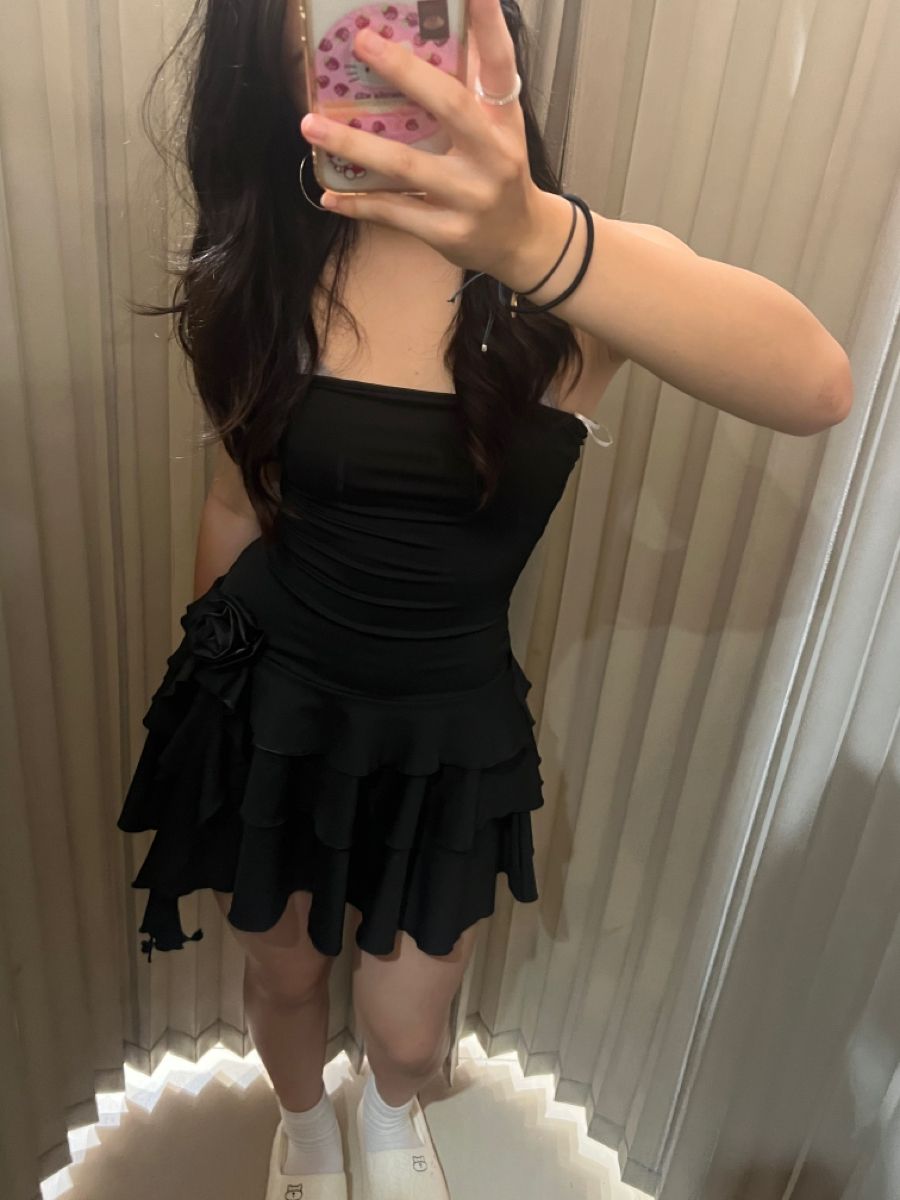 Strapless A-Line Black Chiffon Homecoming Dress Short Birthday Dress