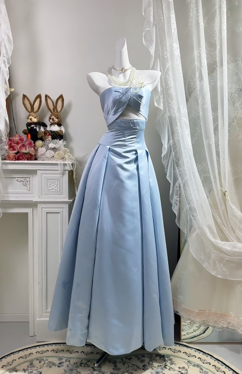 Strapless A-Line Blue Satin Formal Prom Dress Satin Evening Dress