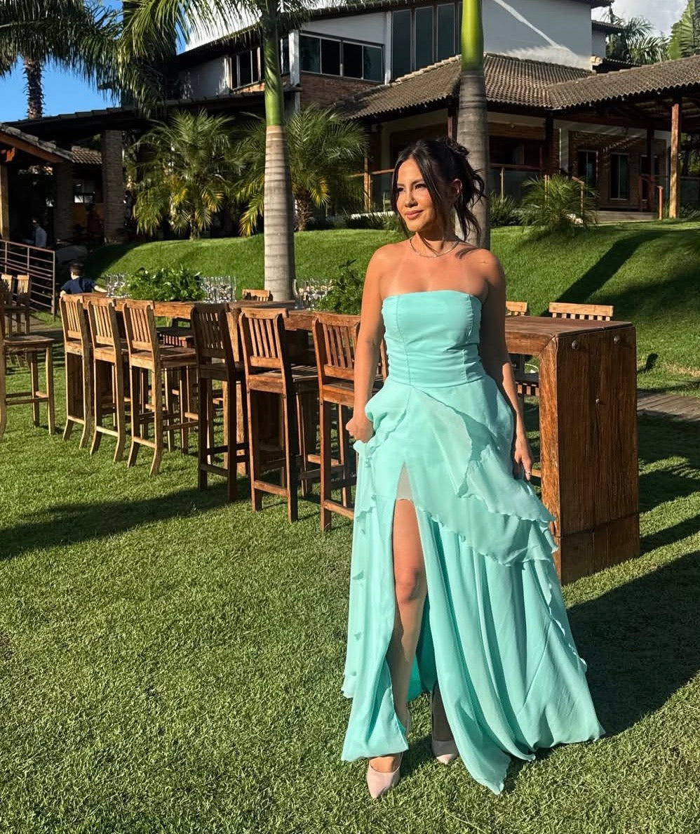 Strapless A-Line Mint Green Summer Wedding Guest Dress With Slit