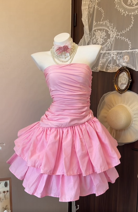Strapless A-Line Pink Satin Homecoming Dress Layered Birthday Dress