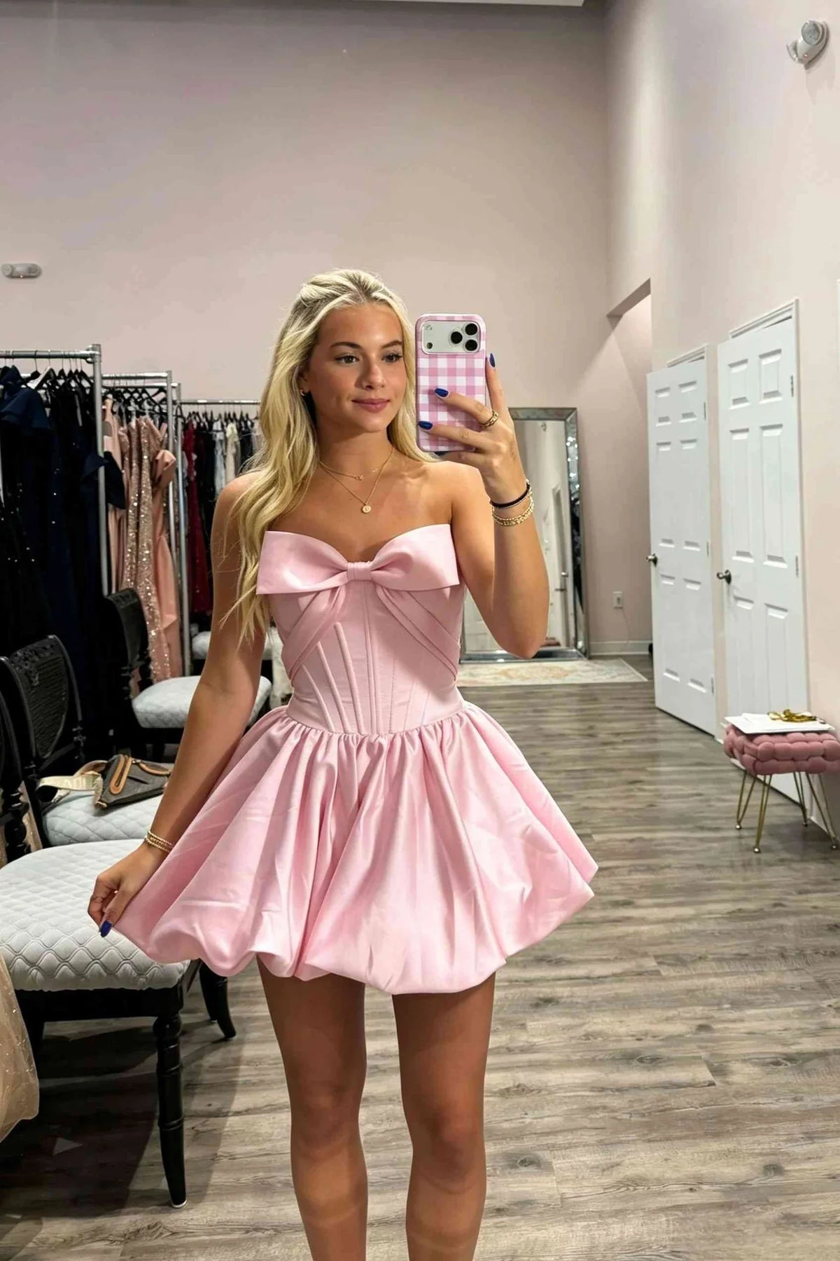 Strapless A-Line Pink Satin Homecoming Dress With Bow Knot