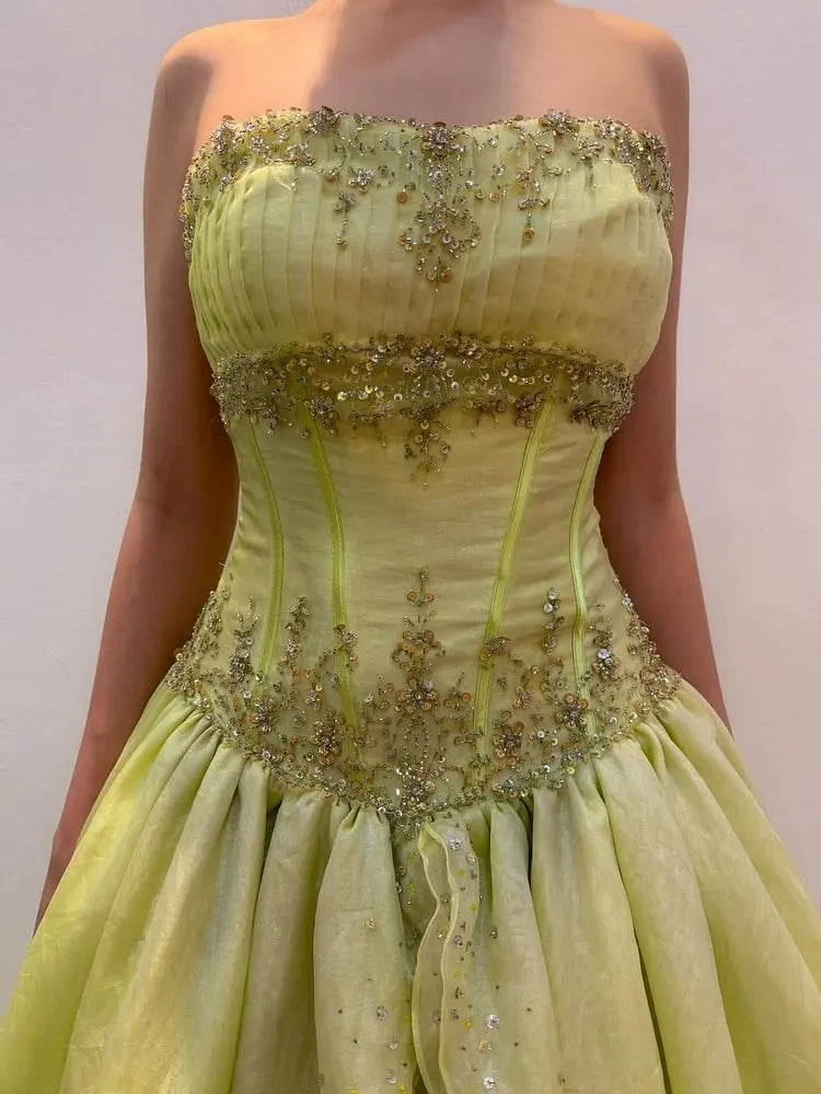 Strapless A-Line Retro Prom Dress Sequin Beaded Birthday Dress
