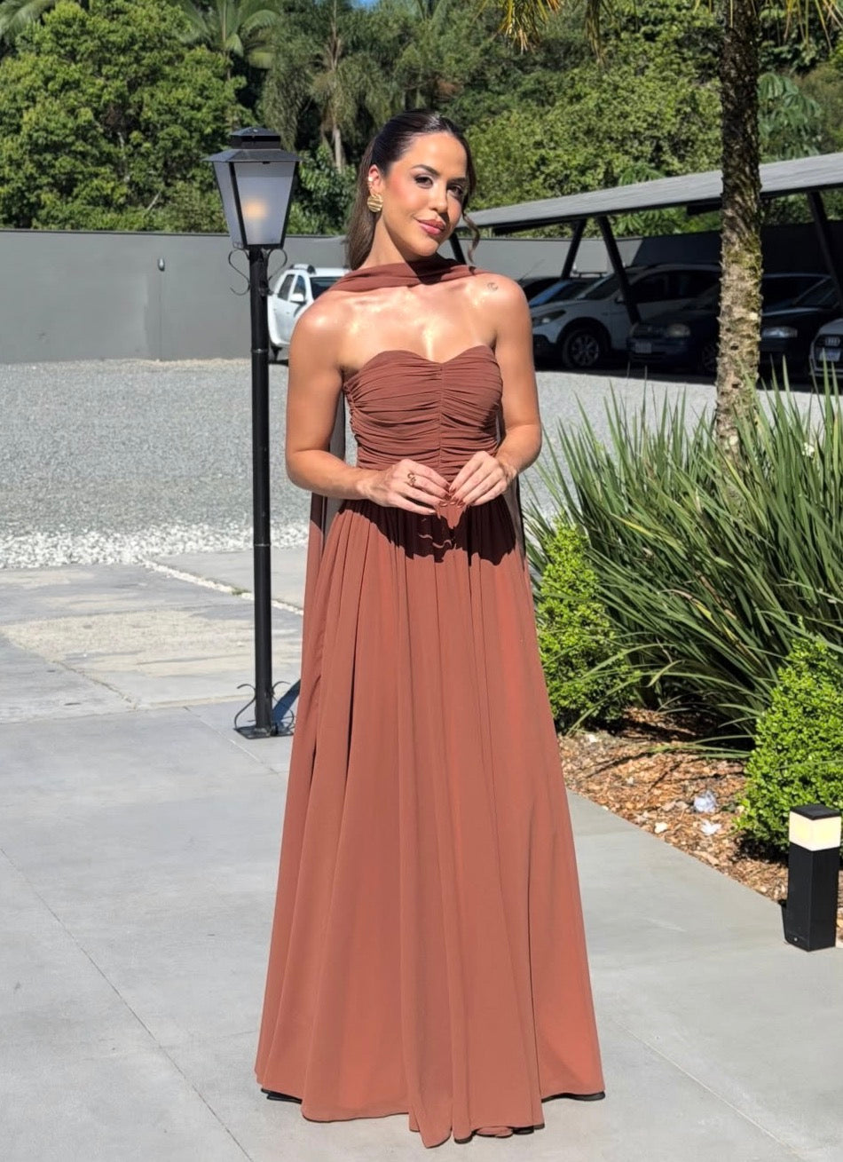 Strapless A-Line Rust Chiffon Wedding Guest Dress