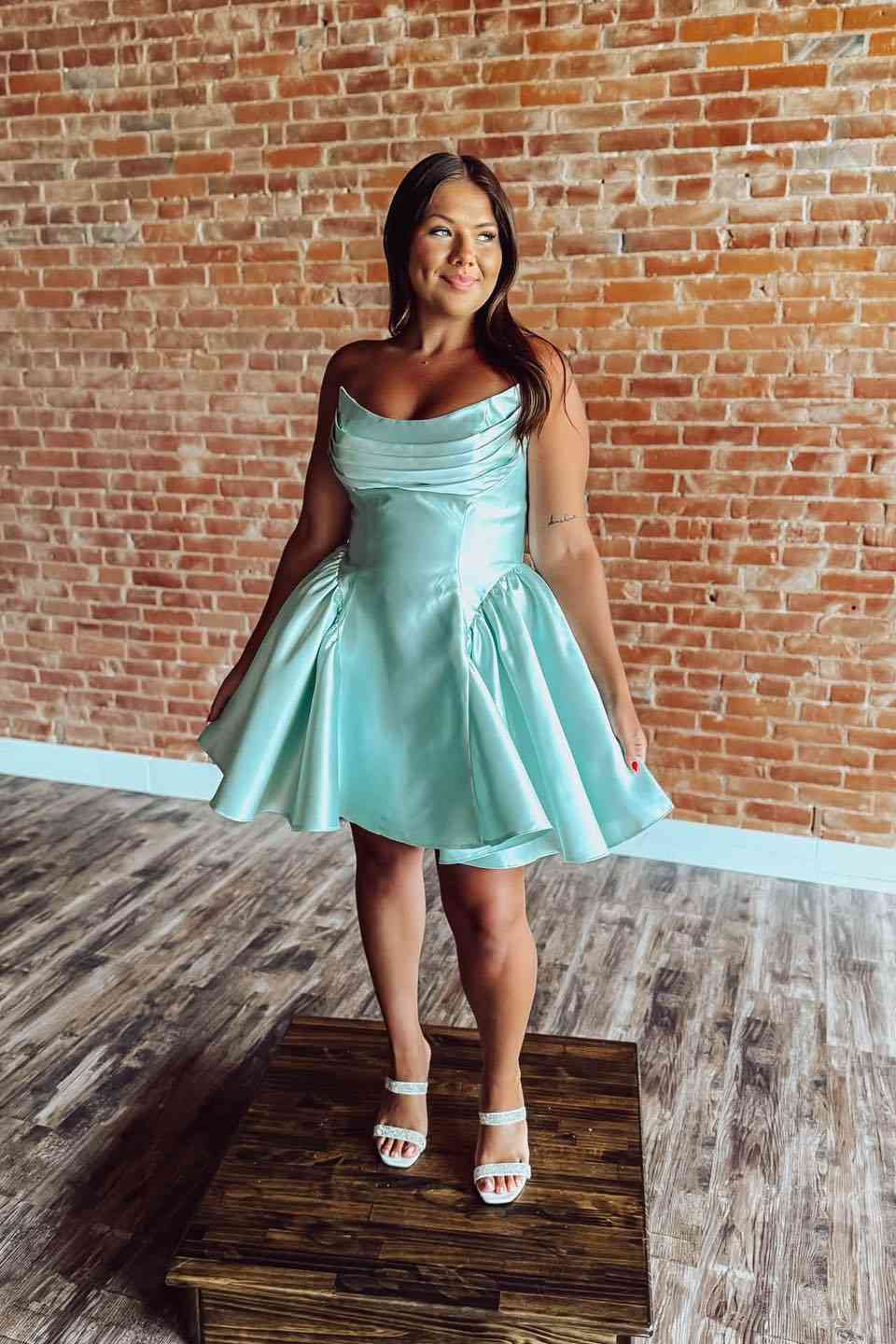Strapless A Line Satin Homecoming Dress Short Party Dress J11229